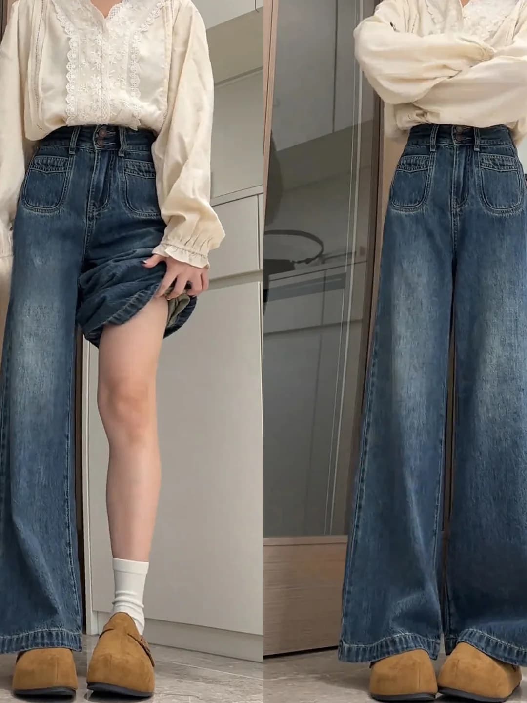 Jeans a vita alta a gamba larga da donna, pantaloni casual in denim a gamba dritta lunghi fino al pavimento, taglie forti con effetto snellente