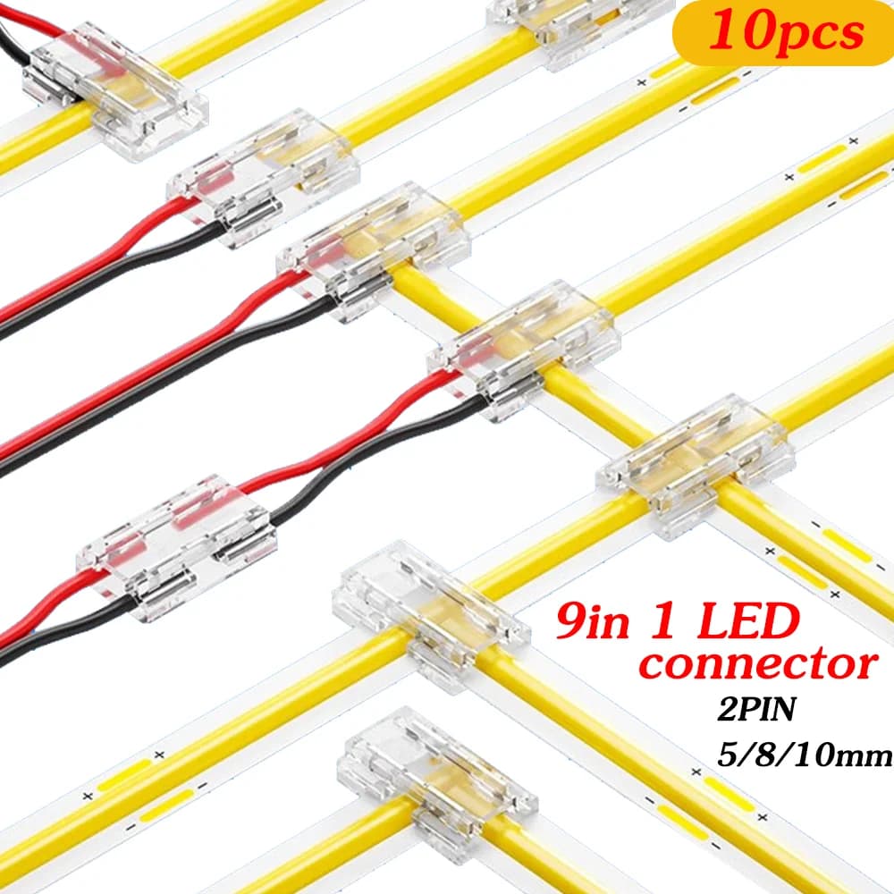 5mm 8mm 10mm 2pin COB LED Strip Connector Luci a nastro 9in1 Connettori trasparenti L T X Forma FAI DA TE SMD COB 5050 2835 Strip Light