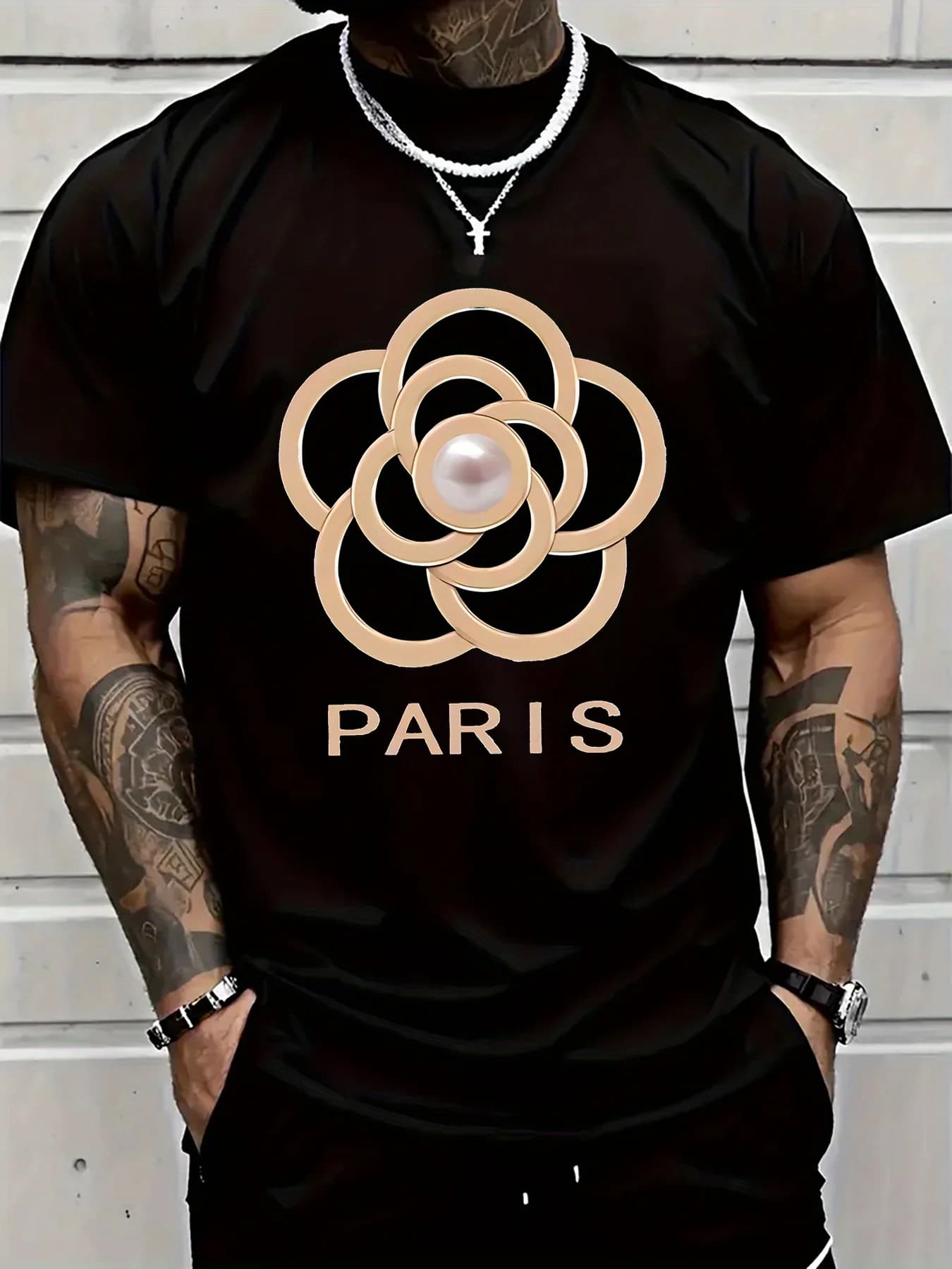 T-shirt da uomo slim fit in cotone - Stampa floreale Camelia, girocollo traspirante a maniche corte, tessuto resistente