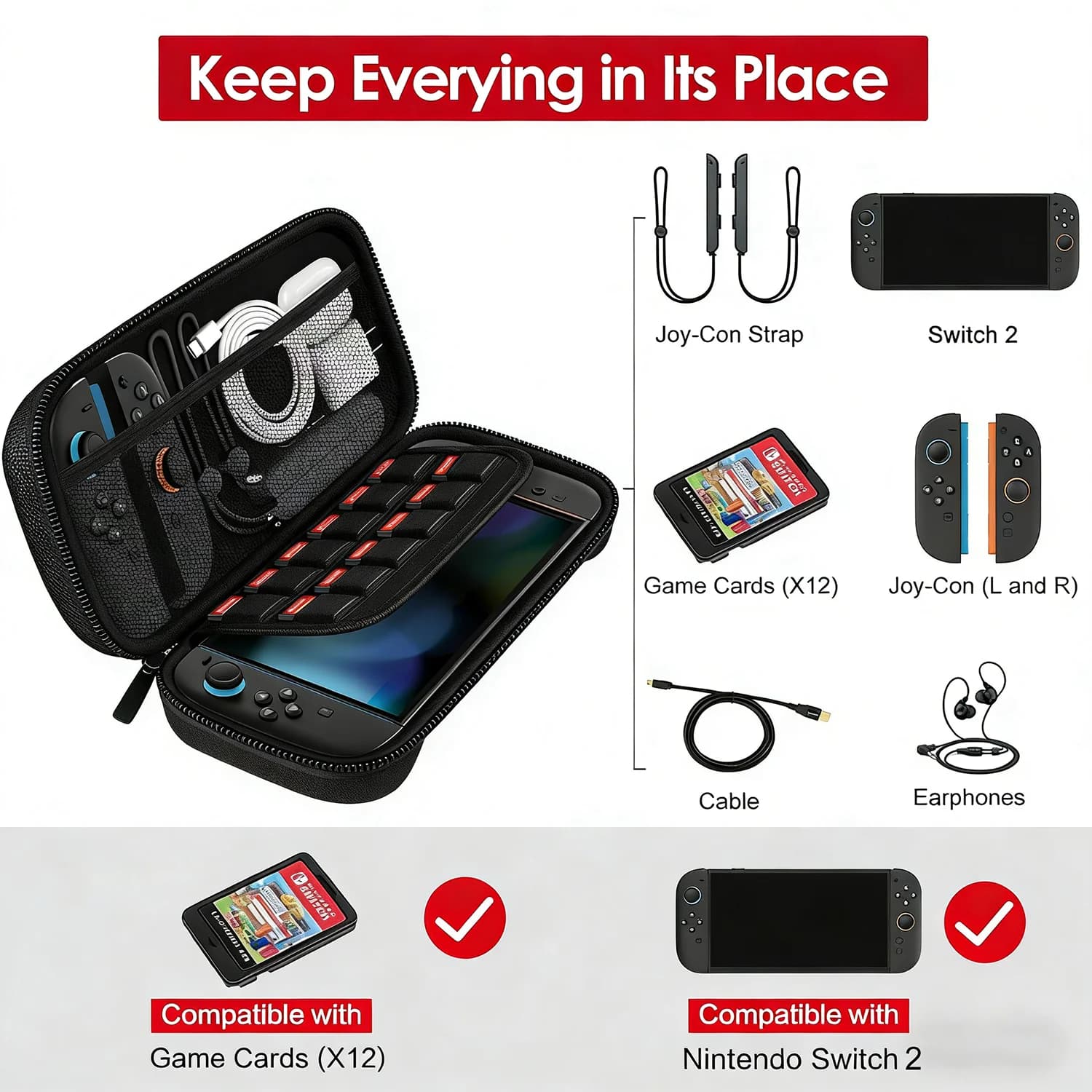 Custodia da trasporto per Nintendo Switch 2 (2025) – Borsa da viaggio rigida con 12 slot per schede di gioco e scomparto porta accessori