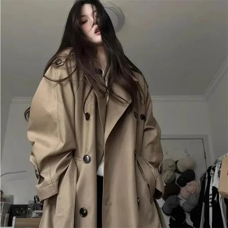 2025 Moda donna con cintura Solido doppio petto Trench Vintage bavero collo maniche lunghe abiti femminili chic da donna