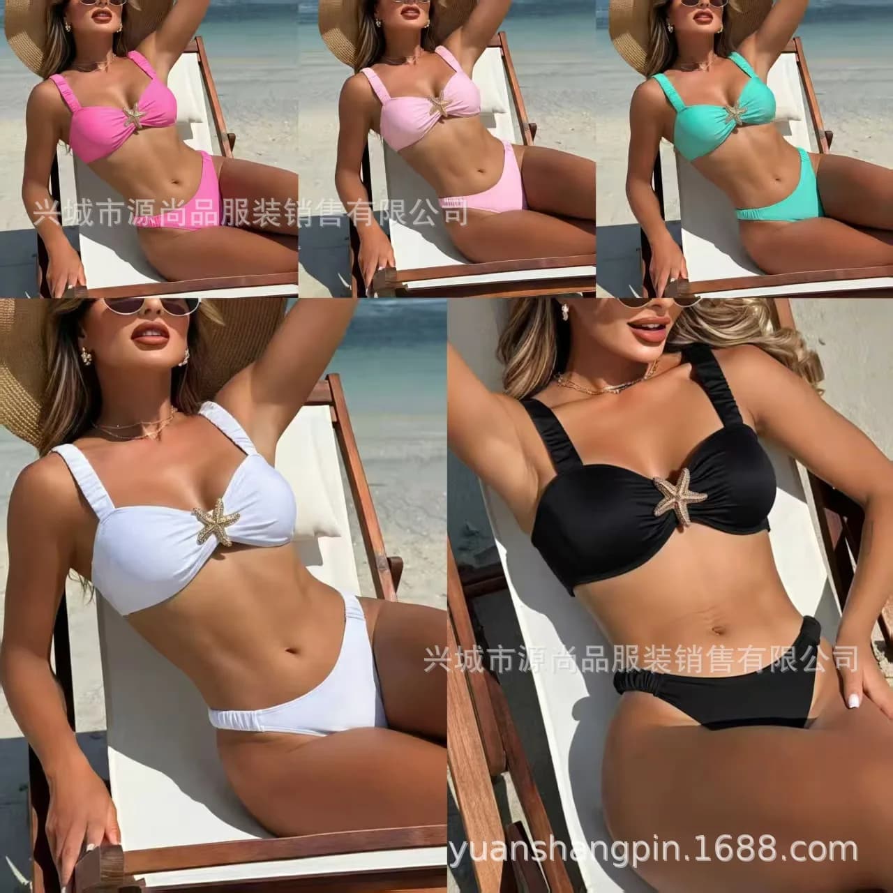 Costume da bagno donna europeo e americano, sexy e alla moda, con accessori in metallo, bretelle e dettagli push-up, bikini due pezzi.