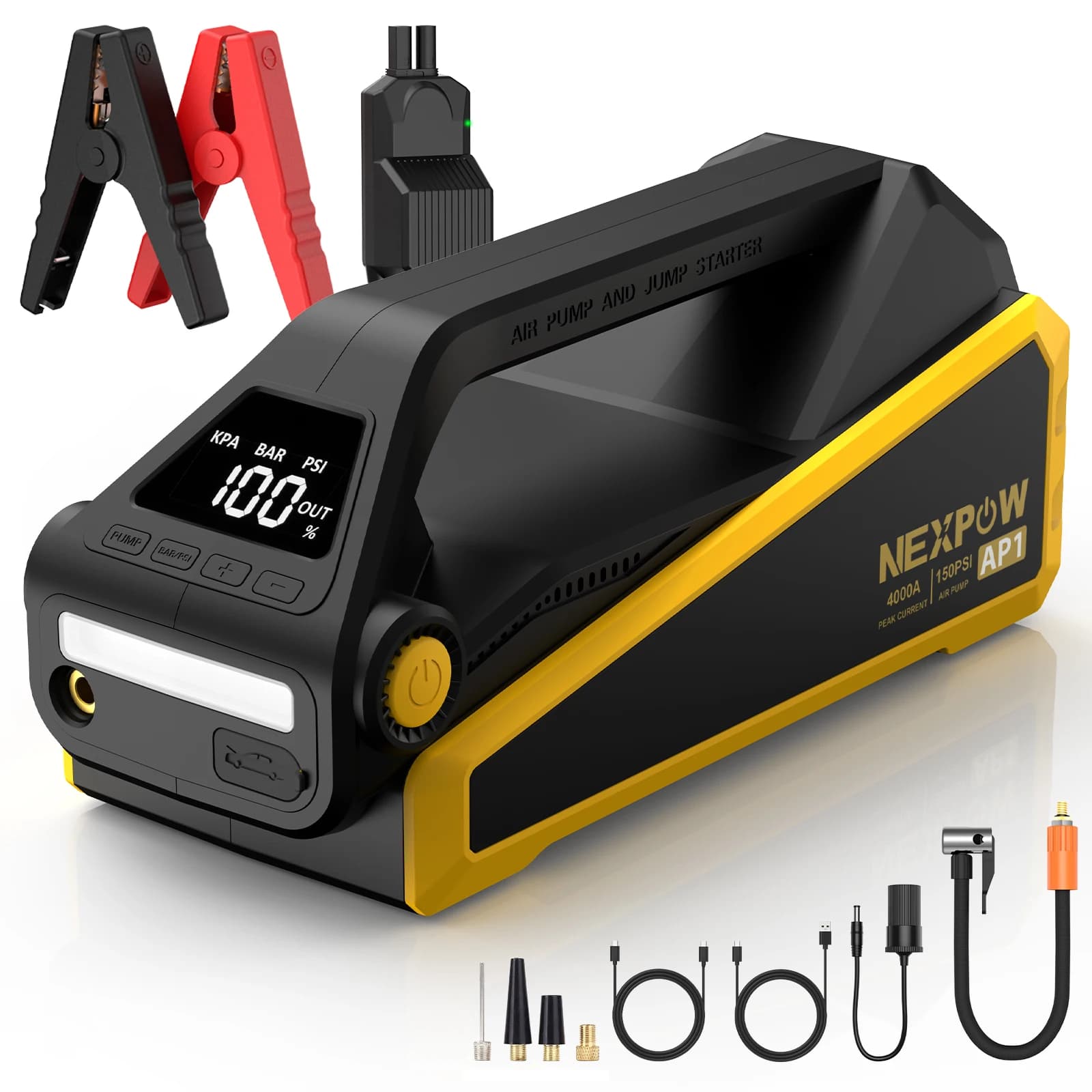 Nexpow Ap1 4000A Batteria Ponticello Avviatore Portatile con Gonfiatore Digitale per Pneumatici 150Psi, Jump Box 12V con Porta di Ricarica Rapida Pd60W