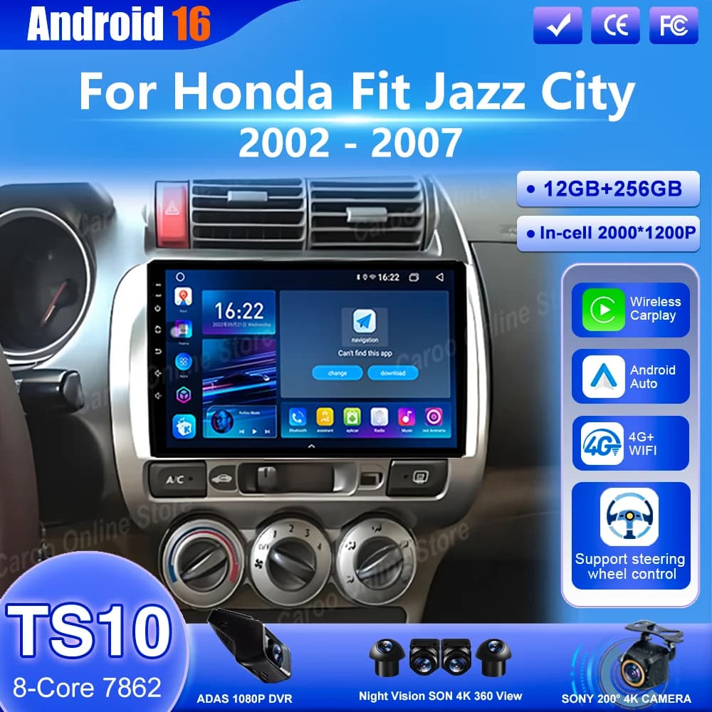 Android 16 For Honda Fit Jazz City 2002 2003 2004 2005 2006 2007 Car GPS Navigation Carplay Multimedia Video Player Head Unit 4G