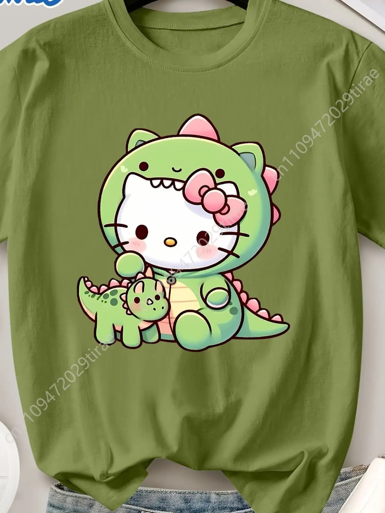 Sanrio Hello Kitty Dinosaur T-Shirt Soft Casual Short Sleeve Tee with Hello Kitty Dinosaur Print Spring Cosplay