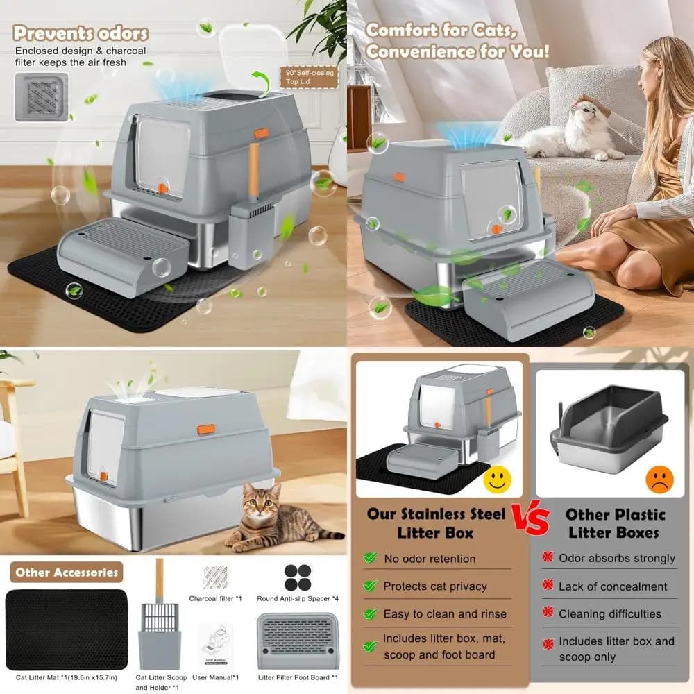 Lettiera Chiusa Extra Large con Coperchio, Ingresso Frontale XL per Gatti Grandi, Vassoio Superiore in Metallo, Include Paletta, Tappetino e Carboncino