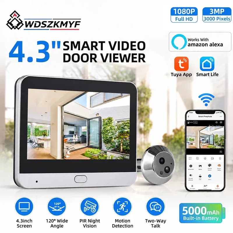 Tuya Smart Peephole Camera 3MP WiFi Digital Door Viewer 4.3" Monitor 5000mAh PIR Human Motion Detection Video Door For Alexa
