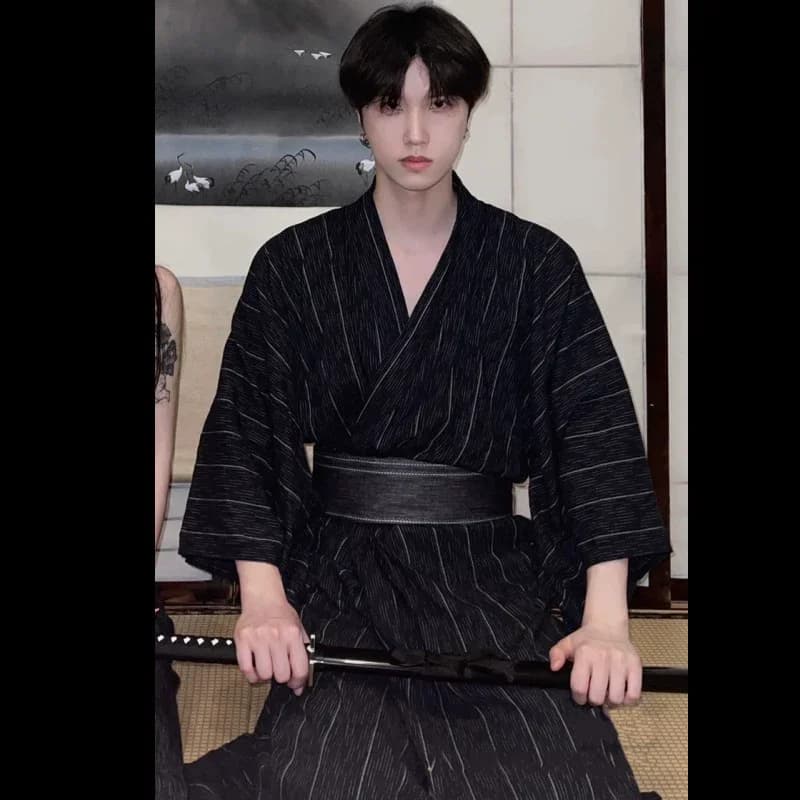Kimono samurai traditional Japanese summer black for men Yukata bathrobe style wide belt for home long dress in cotton