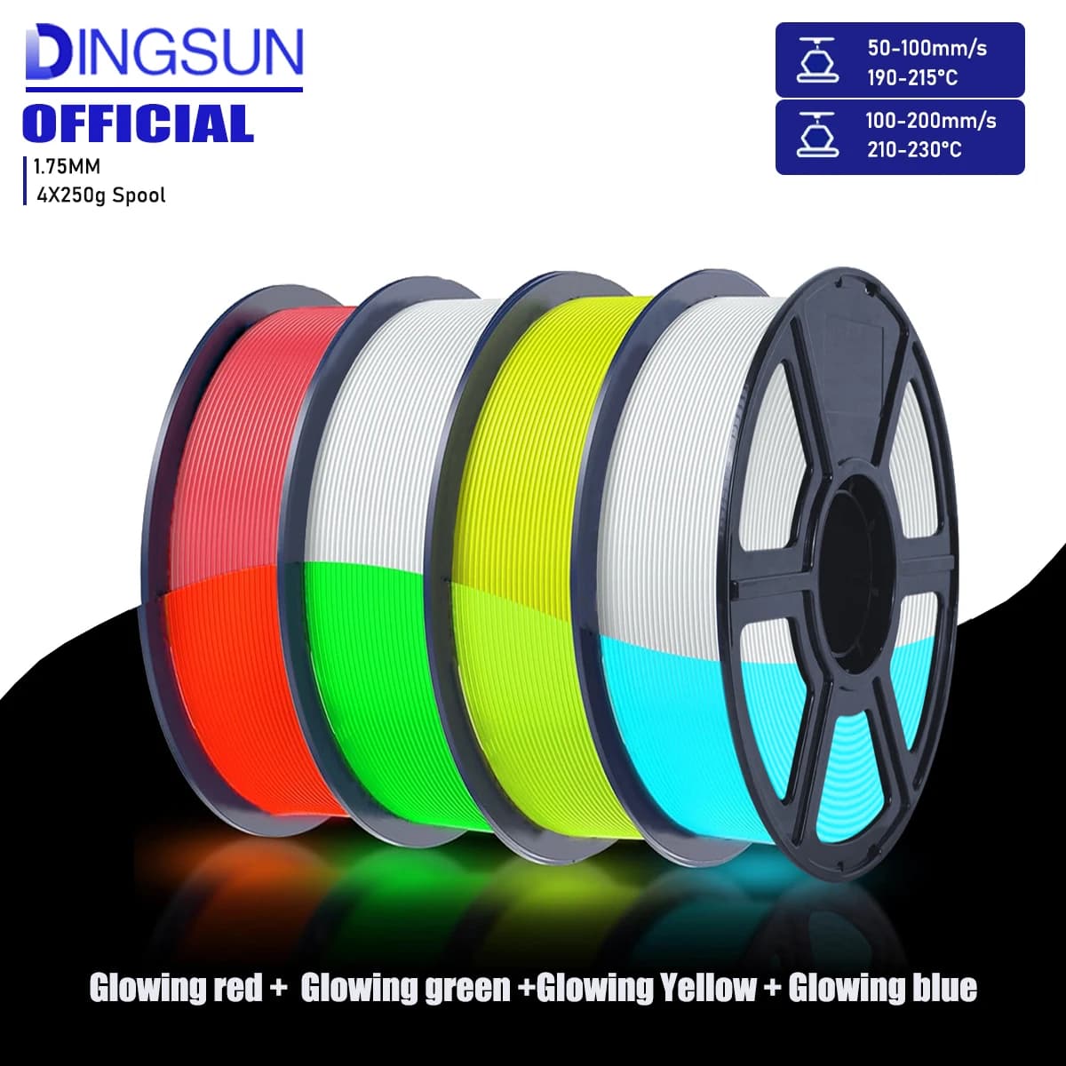 Luminous PLA Filament for 3D Printer, PLA Fluorescent 1.75mm, Dimensional Accuracy +/- 0.02mm. Bright Blue/Verde/Rosso/Giallo