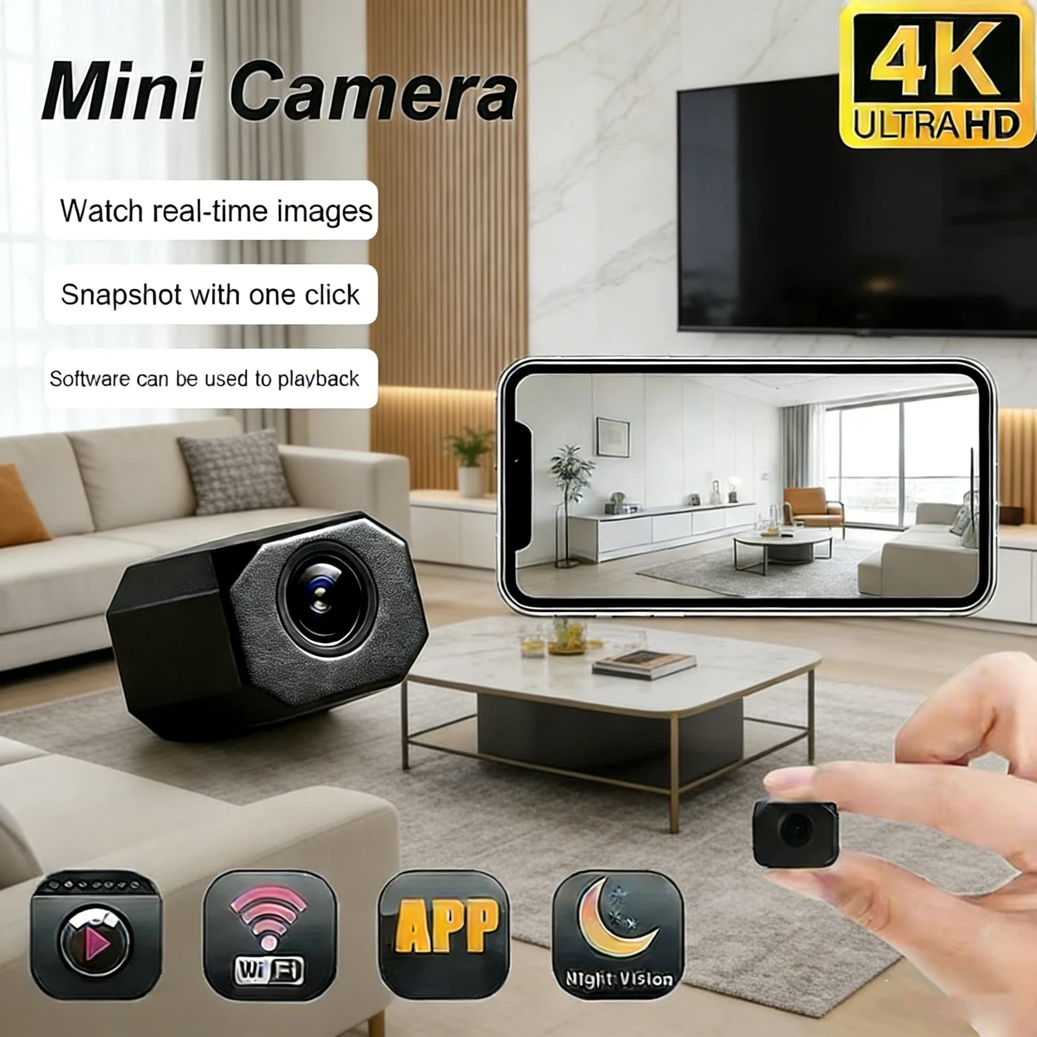 Telecamera di Sicurezza Mini 4K HD WiFi Wireless per Interni con Monitoraggio Remoto tramite APP, Design Leggero e Portatile