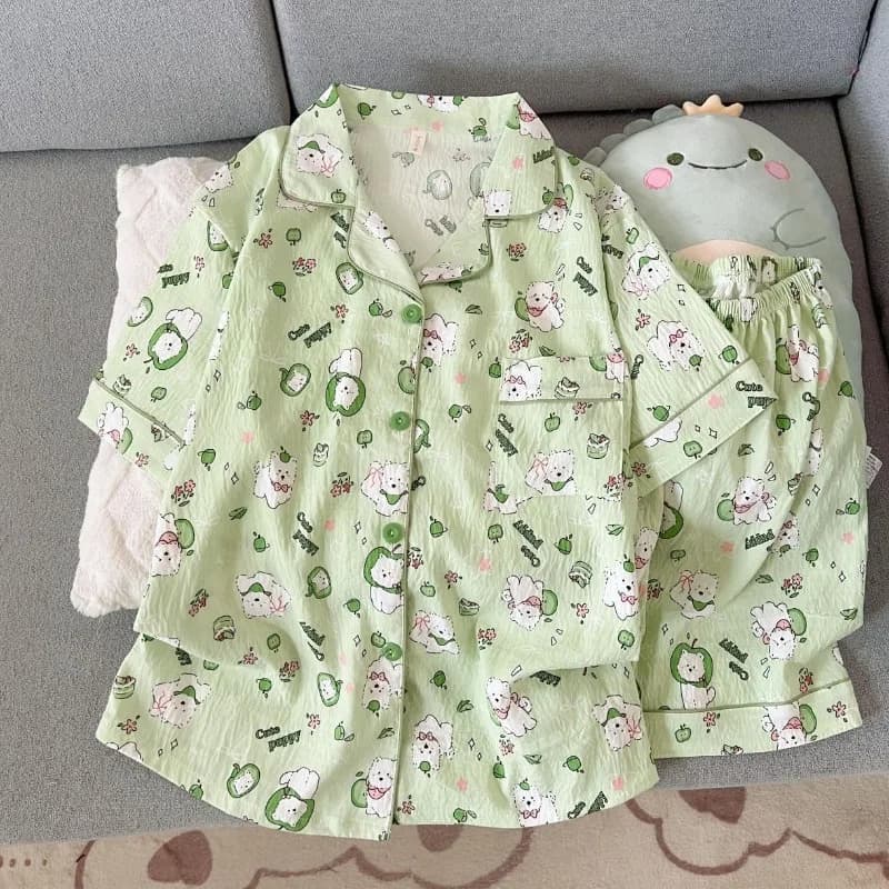 Set Pigiama Estivo da Donna con Simpatici Cartoni Animati di Cani, Abbigliamento per Casa Y2K, Set Due Pezzi Leggero e Dolce, Maniche Corte e Pantaloncini