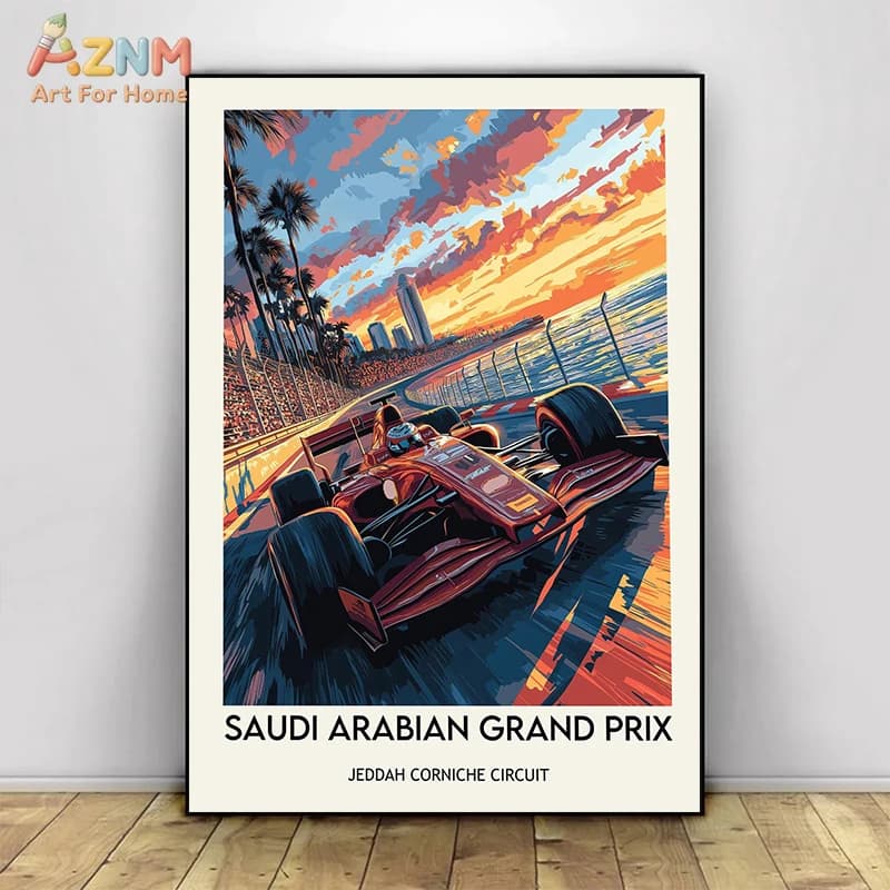 AZNM Saudi Arabian Grand Prix Canvas Wall Art Unframed, Jeddah Corniche Circuit F1 Racing Car Poster Artwork for Motorsport Fan