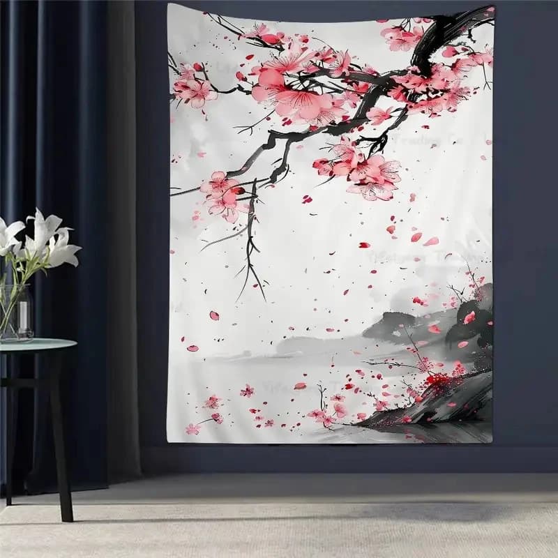 VIKAMA Japanese Cherry Blossom Tapestry, Ink Wash Sakura Print Wall Hanging for Bedroom Dorm Living Room Home Decor