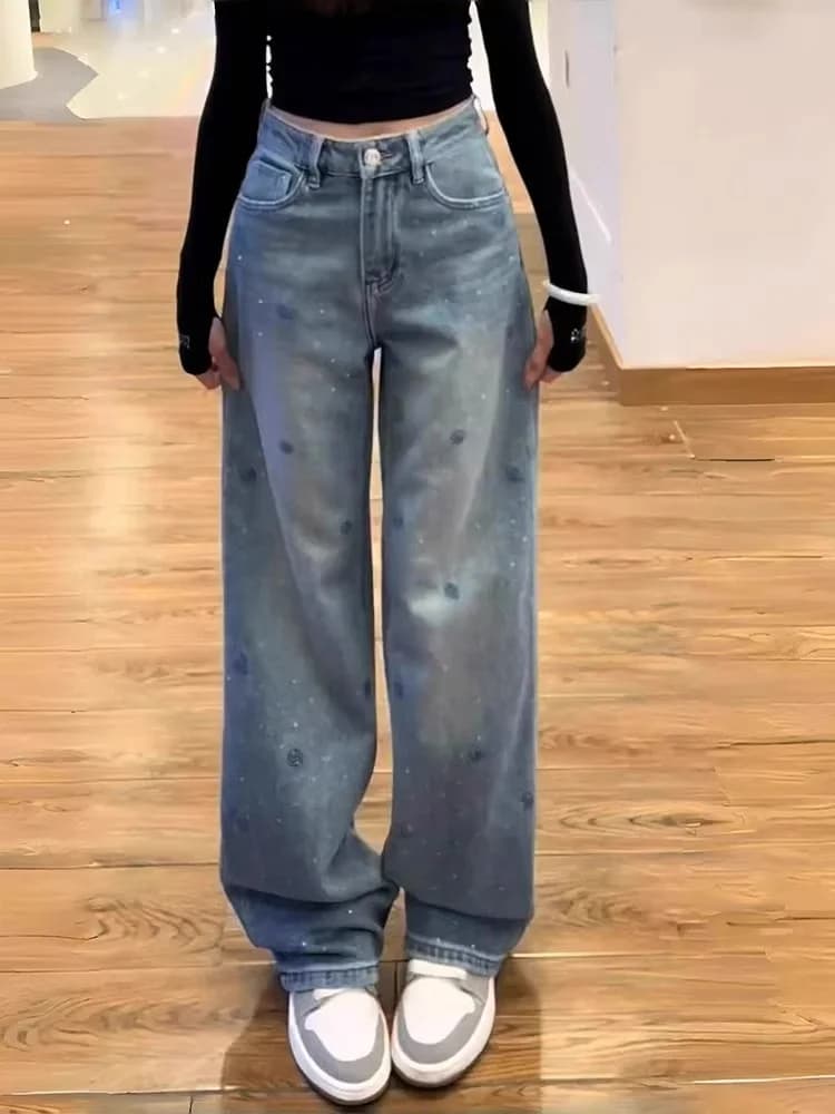 Casual High Waist Wide Leg Embroidered Loose Straight Jeans for Women Spring Summer plus Size Pear Shape Slimming Trousers