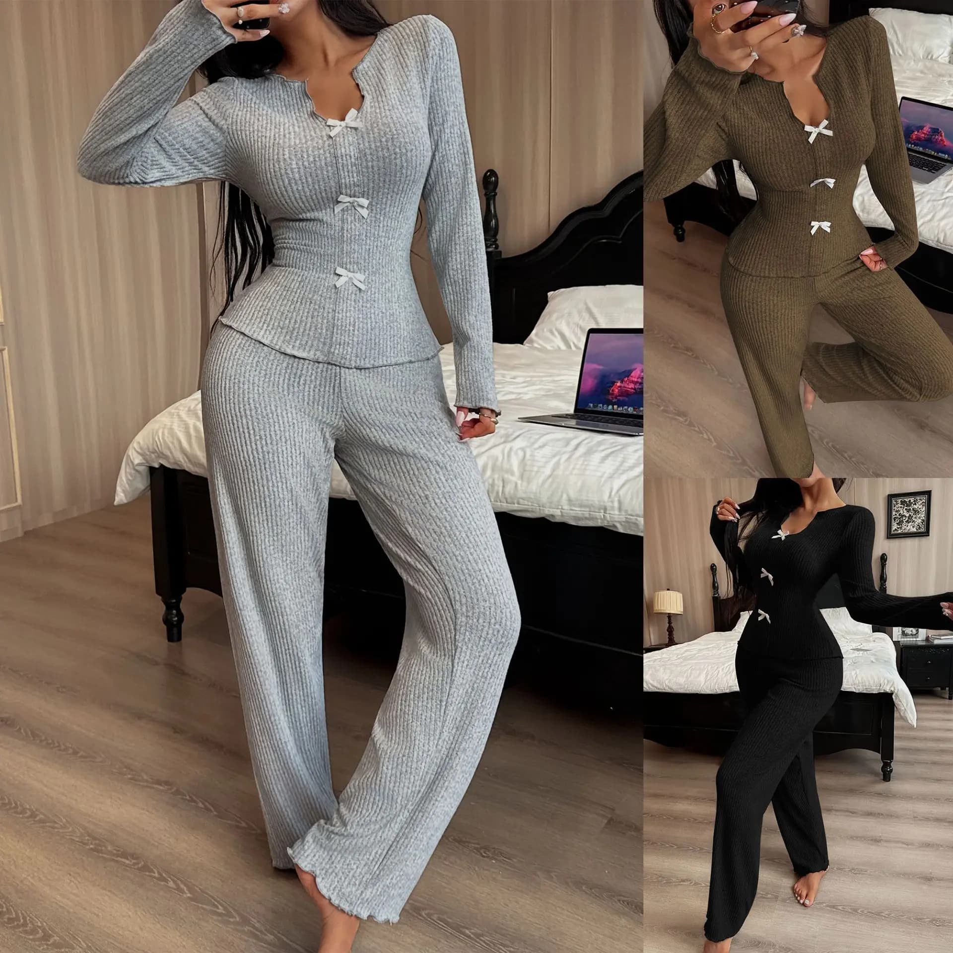 Autumn and Winter Women's Pajama Sets V-neck Sweater Bow Long-sleeved Tops with Long Pants Pajamas Loungewear Suit Women Pijamas