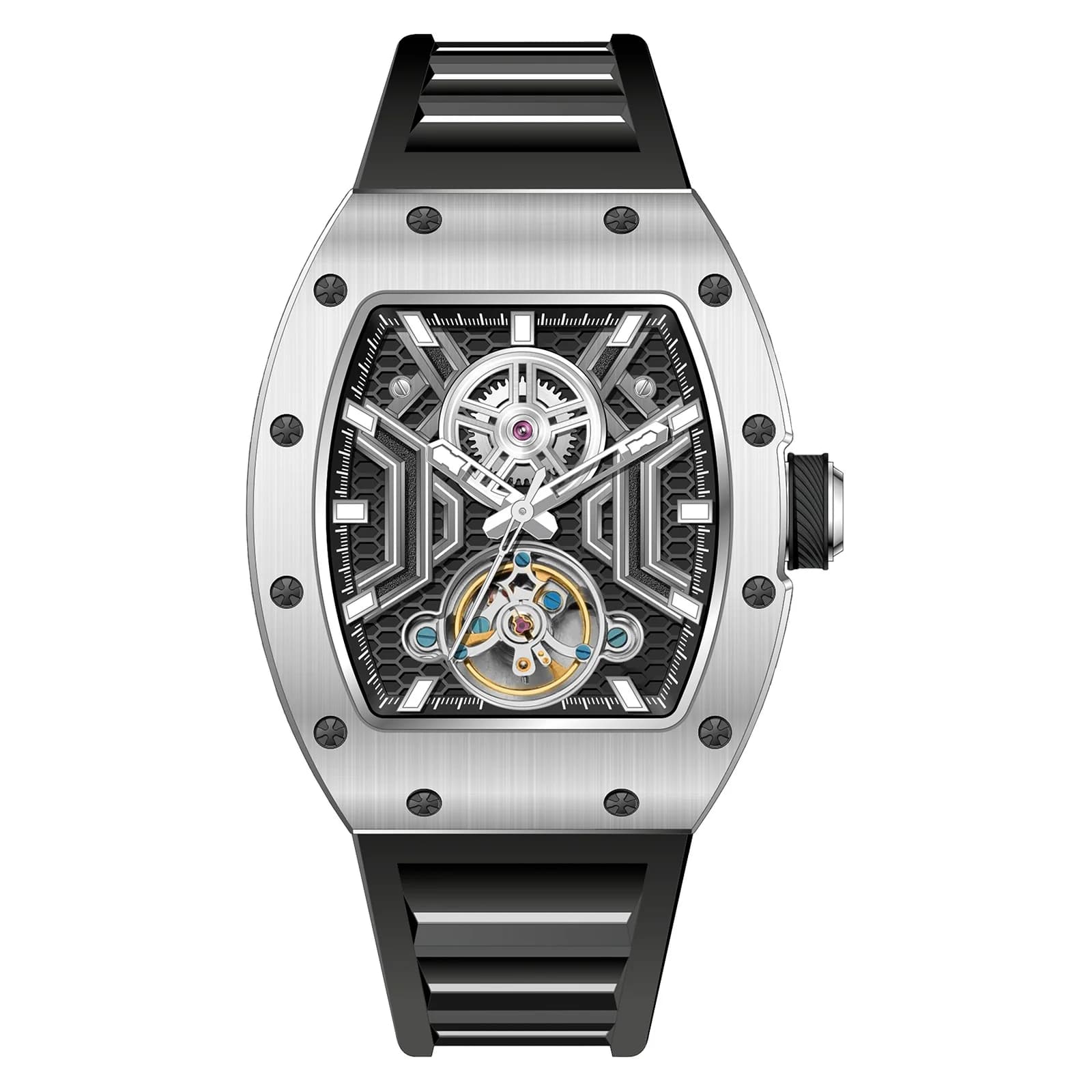 Nuovo Orologio da Uomo di Lusso con Quadrante Tonneau, Movimento Meccanico Automatico, Vetro Zaffiro, Cinturino in Acciaio Inossidabile, Reloj Hombre