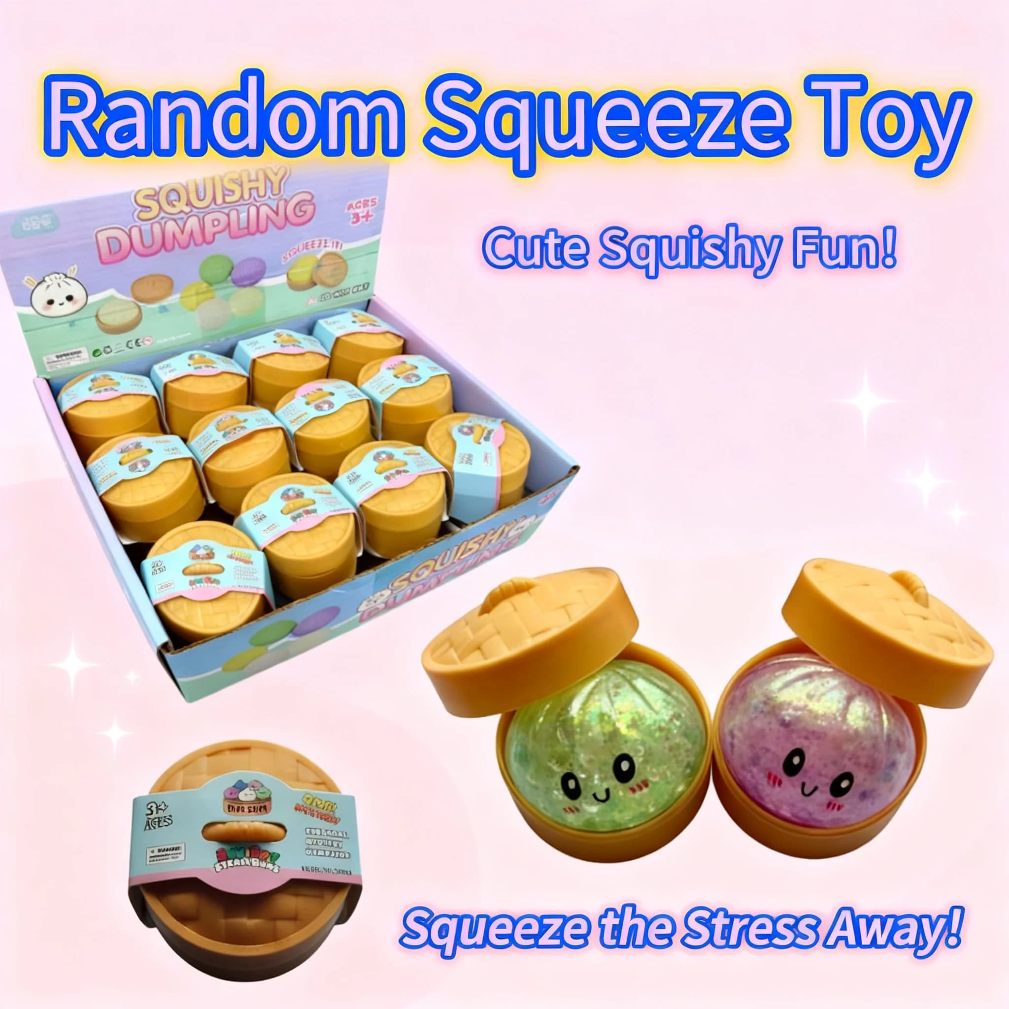 Soft TPR Dough Ball Mini Dumpling Squeeze Toy Decompression Fidget Toy Stress Relief Gift with Bamboo Steamer