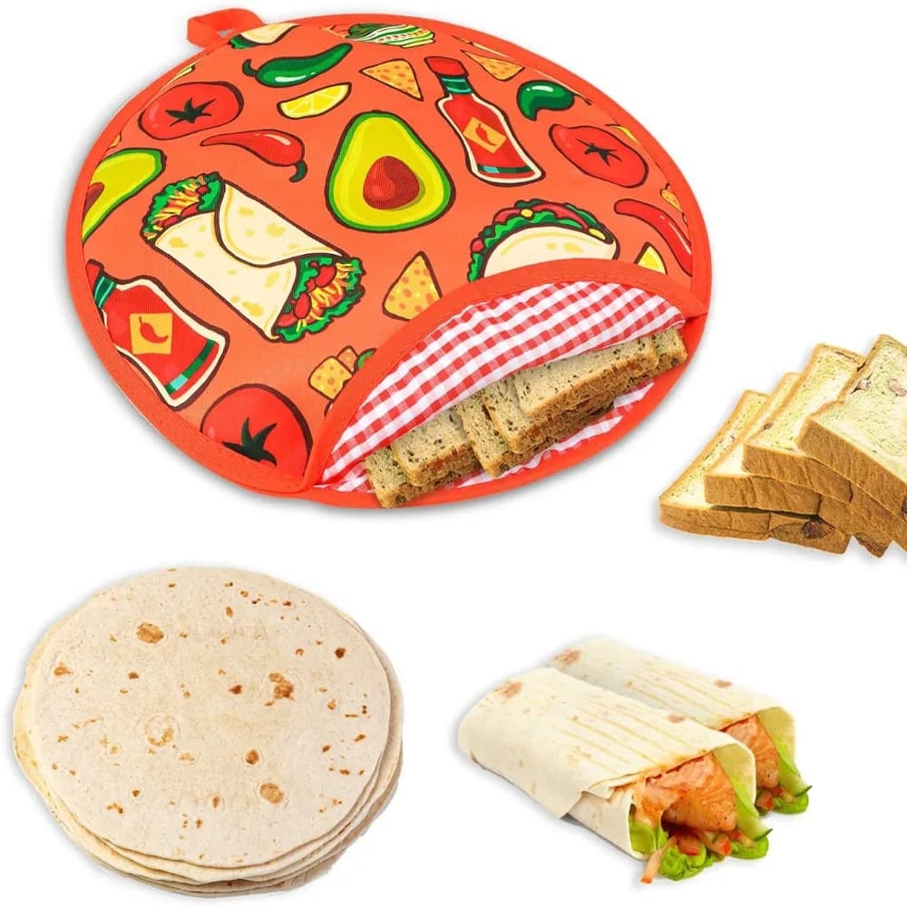 Practical 30cm Tortilla Warmer Pouch Heat Resistant Reusable Burrito Cloth Bag Round with Handle Pancake Thermal Bag Outdoor