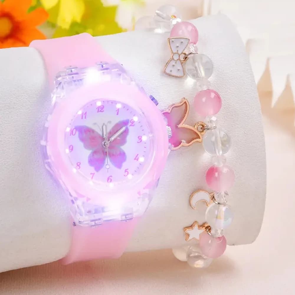 Orologio luminoso in silicone con farfalla alla moda + braccialetto con perline a farfalla