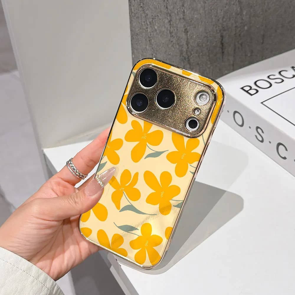 Custodia Horizon per iPhone 17 16 15 14 13 12 11 Pro Max 16E, Cover in vetro galvanizzato oro con motivo Sunny Blossoms