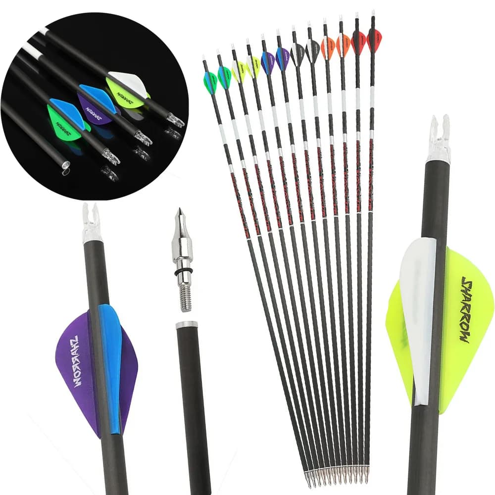 Pure Carbon Archery Arrows 12Pcs Multi Spine 300 400 500 Shaft ID 6.2mm Straightness +/-0.003 Inch High Precision Arrow Shafts Compatible with Compound Recurve Bow for Outdoor Hunting Target Practice Shooting Sports