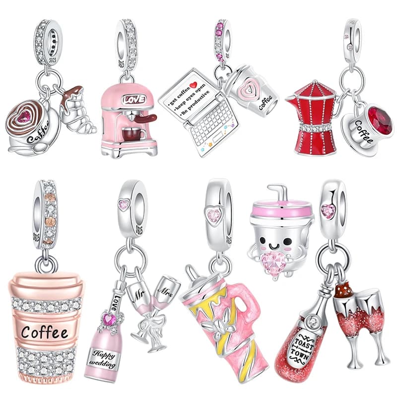 Coffee Lover Charms 925 Sterling Silver Coffee Cup Espresso Machine & Bubble Tea Dangle Beads Fit Bracelets Jewelry Gift