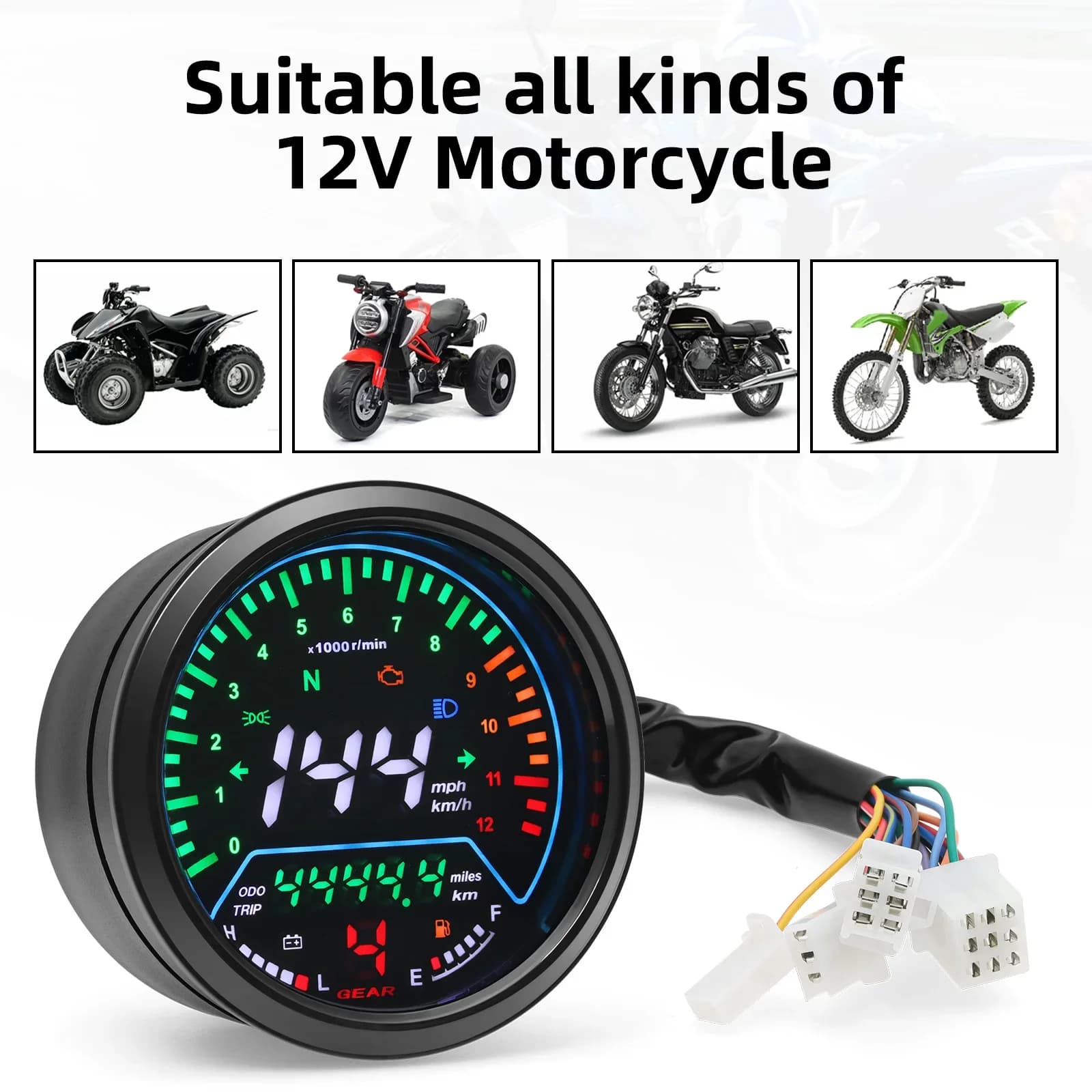 Universal Motorcycle Speedometer Backlight Indicator with LED Signal Light Led Round Speed Drive Gear 199km/h Kmometer Parts
