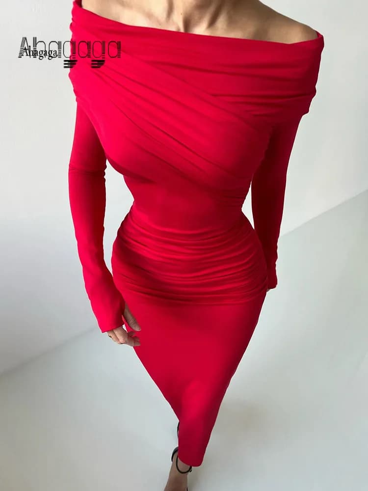 Ahagaga Abiti lunghi sexy alla moda eleganti Streetwear con spalle scoperte Abiti da festa aderenti aderenti a maniche lunghe casual Abiti da donna