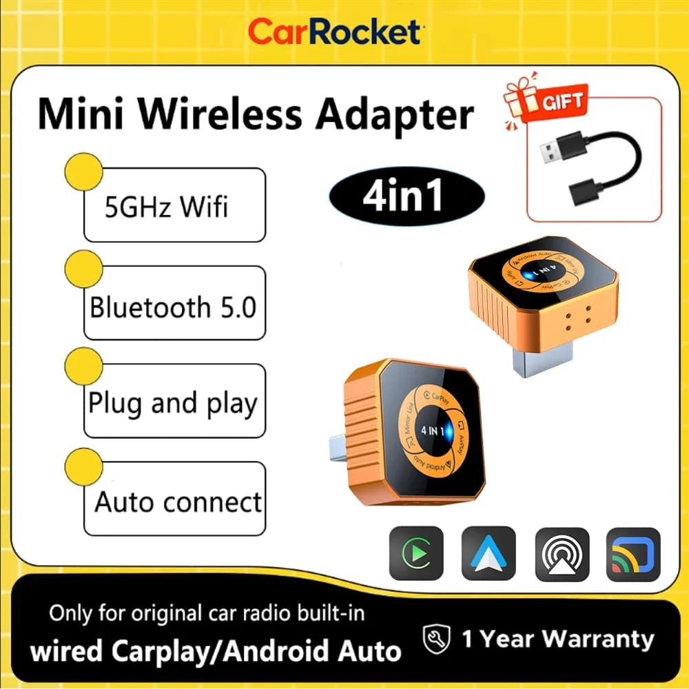Adattatore CarPlay Wireless 4-in-1 CarRocket per AirPlay Mirror Link WiFi+BT, Sistema Smart per Auto con Proiezione Schermo, CarPlay e Android Auto