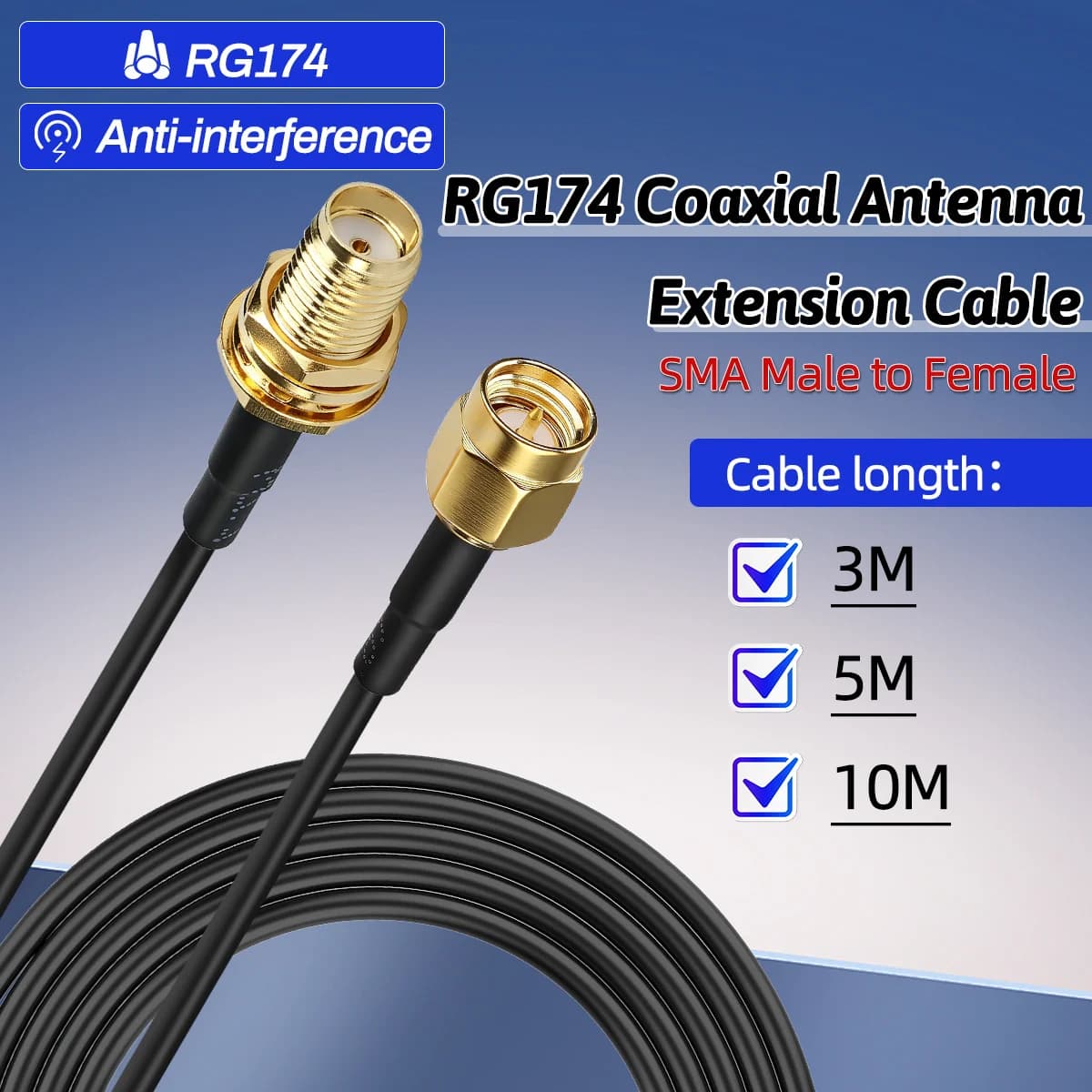 Cavo di Prolunga Coassiale ABBREE SMA Maschio a Femmina RG174 con Connettori SMA 3M 5M 10M per Antenna WiFi o Comunicazione Wireless