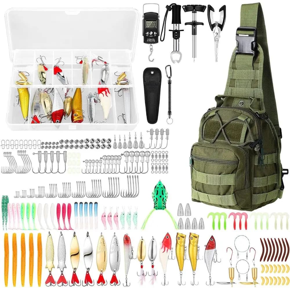 Zaino da Pesca con Kit di Attrezzi da 393 Pezzi, Scatole Porta Attrezzi, Pinze, Attrezzatura, Montature per Esche, Pinza per Pesci, Kit di Esche, Strumenti per Rimuovere Ganci