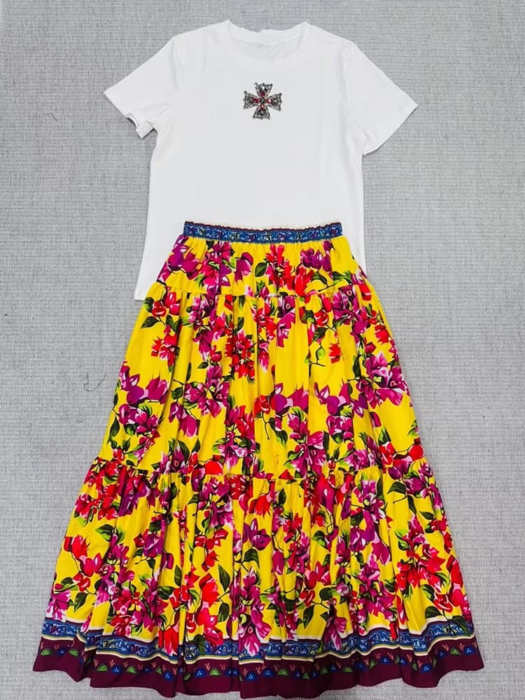 Retro geometric print T-neck knitted pullover two-piece suit 2026 summer women's dress+loose plus size A skirt fashion suit
