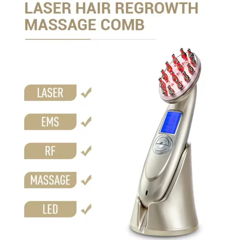 Dispositivo Portatile per la Ricrescita dei Capelli con Laser, RF/EMS/Vibrazione, LED a 3 Colori per la Cura del Cuoio Capelluto a Casa