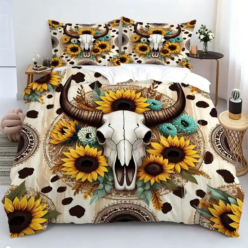 Set Copripiumino e Federe 2/3 Pezzi con Motivo Floreale Highland Cow, Decorazione Camera da Letto, per Adulti, Letto Singolo/Matrimoniale, Misura Grande, con Cerniera
