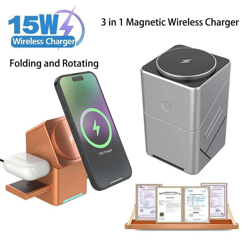 2025 Desktop portatile 25W Qi2 telefono wireless supporto di ricarica rapida 30W magnetico pieghevole 3 in 1 cubo caricabatterie wireless Dock