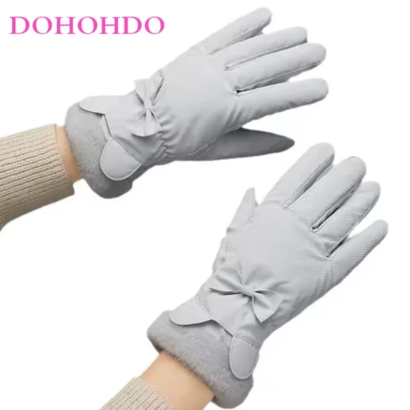 Velvet Bow Black Gloves Heating Touch-screen Gloves Women Warm Autumn Winter Stylish Riding Windproof Driving Motorcycle Gloves