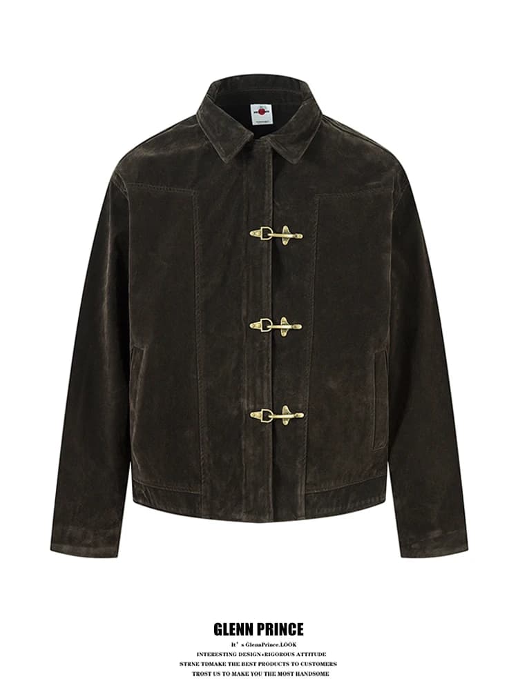 GPstudio Vintage Short Suede Jacket Men's Cool Airplane Buckle Jacket Youth Trendy Loose Fit Long Sleeve Windproof Zipper