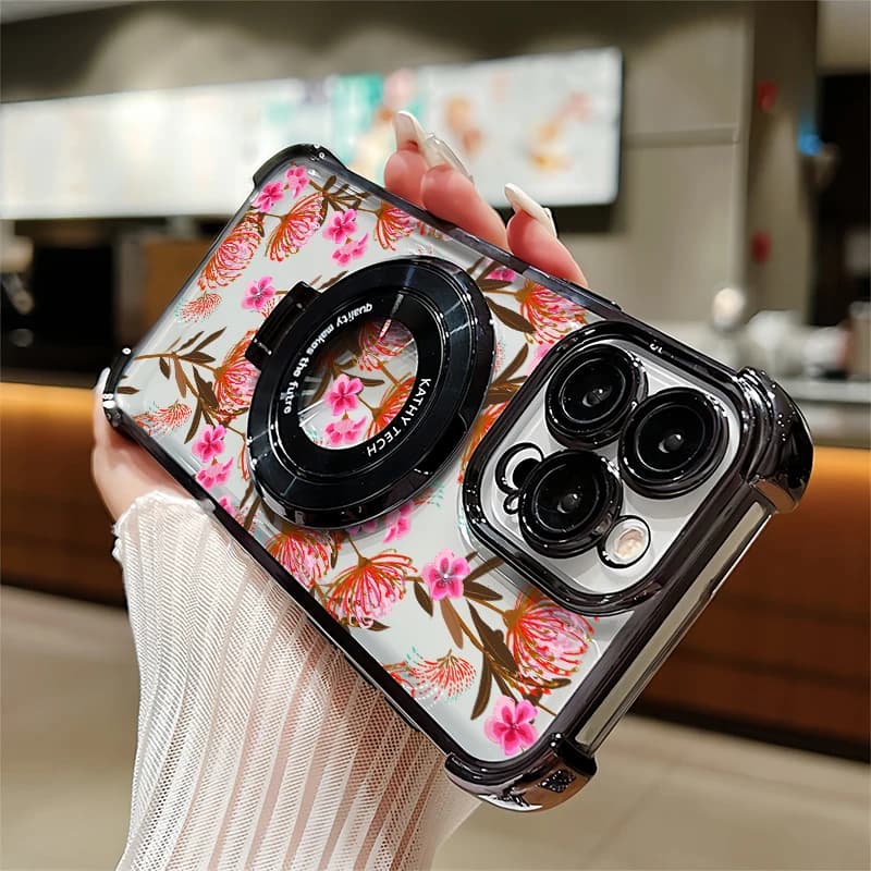 Custodia Trasparente con Supporto per iPhone 17 Air 17E 16E 16 Pro Max 15 Plus, Antiurto, con Motivo Floreale e Placcatura, in Silicone