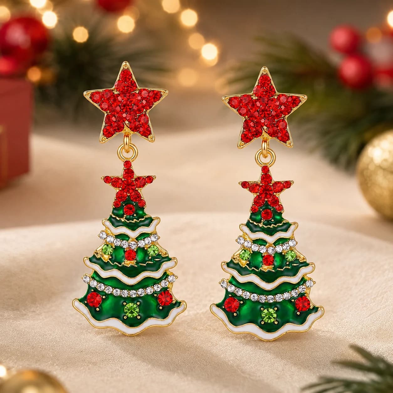 Festive Rhinestone Christmas Tree Drop Earrings for Women Green Red Enamel Star Dangle Holiday Party Statement Jewelry Gift