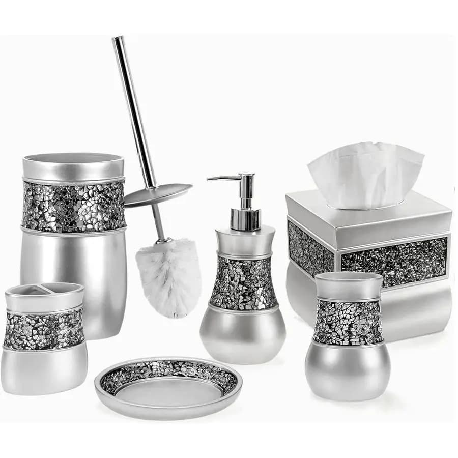 Set di Accessori Bagno in Vetro Argento, 6 Pezzi, Include Set Spazzola WC e Supporto, Copri Porta Carta Igienica, Porta Spazzolino
