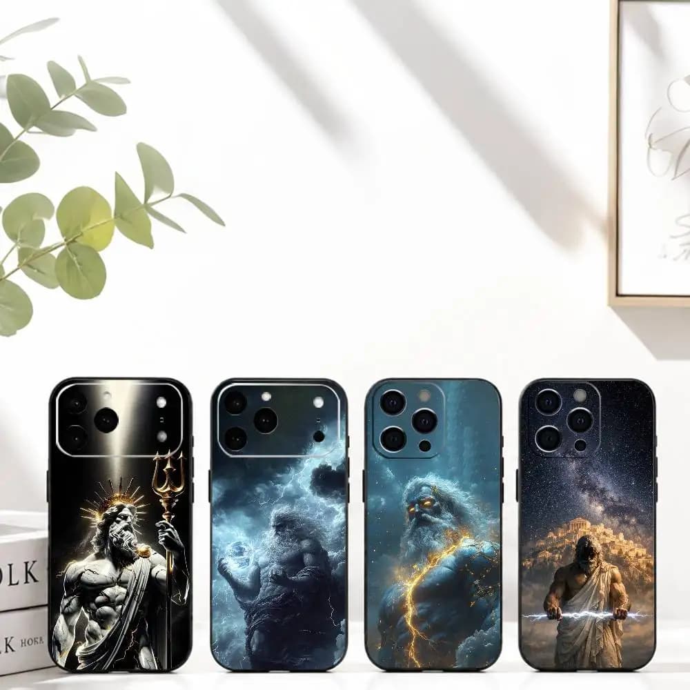 Cover per iPhone con Zeus, personaggio mitologico greco, in morbido silicone nero per iPhone 17, 16, 15, 14, 13, 12, 11 Plus, Pro Max, XS