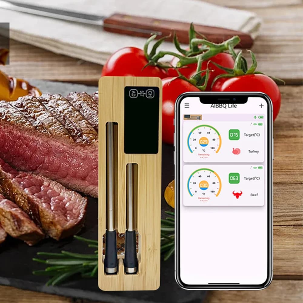 Termometro per carne wireless intelligente per barbecue, contatore digitale per alimenti Bluetooth Display LCD per grigliare e fumatori per cucina (2 sonde)