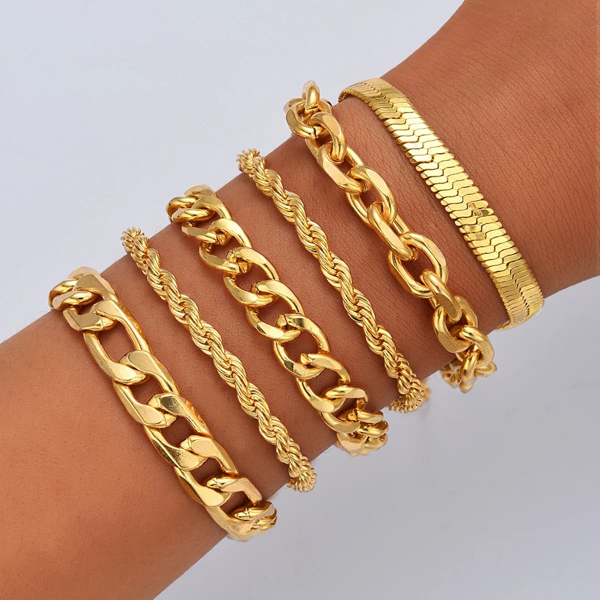 6pcs Simple Punk Gold Color Chain Bracelet Set Chunky Metal Link Chain Twisted Designs Multi Layered Bracelets For Women Jewelry