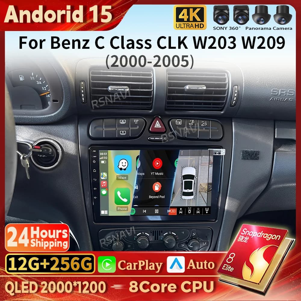 Qualcomm Snapdragon Android 15 Carplay Auto Autoradio Lettore multimediale per Mercedes Benz Classe C 2002 - 2005 2din BT Autoradio