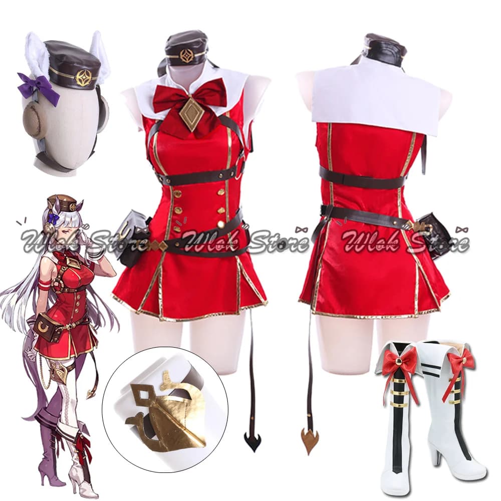 Uma Musume Pretty Derby Gold Ship Costume Cosplay Abito rosso Set completo Copricapo Parrucca Orecchie e coda Uomo Donna Halloween Party Outfit