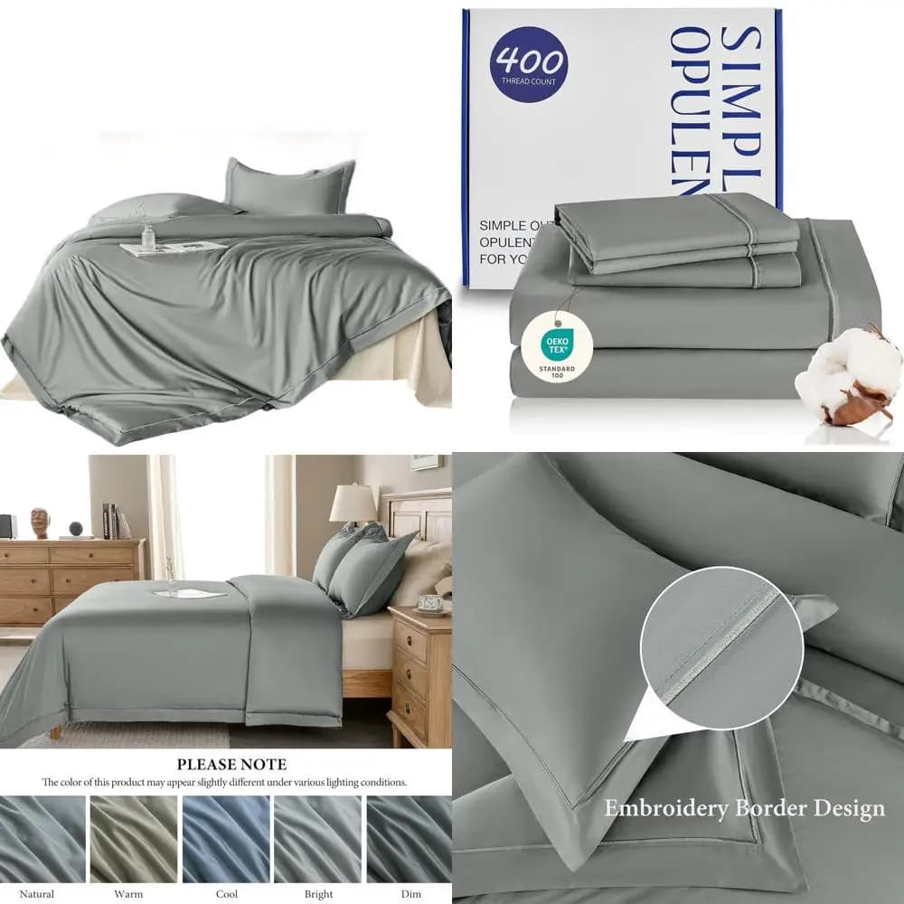 King Size 400TC set in Egyptian cotton with embroidered design, soft bedding in pure satin - Grey
