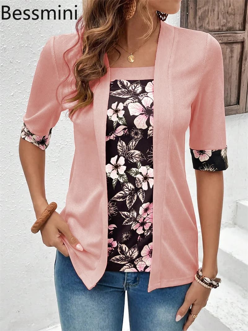 Primavera Estate Donna Elegante Patchwork stampato Falso in due pezzi Top Lady Mezza manica T-shirt Moda Casual Allentato Streetwear 2025