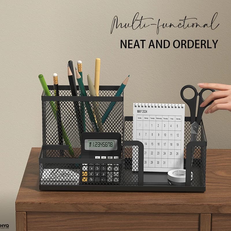 Black mesh desk organizer with pen holders and storage baskets, 3 compartments, desk accessories container
