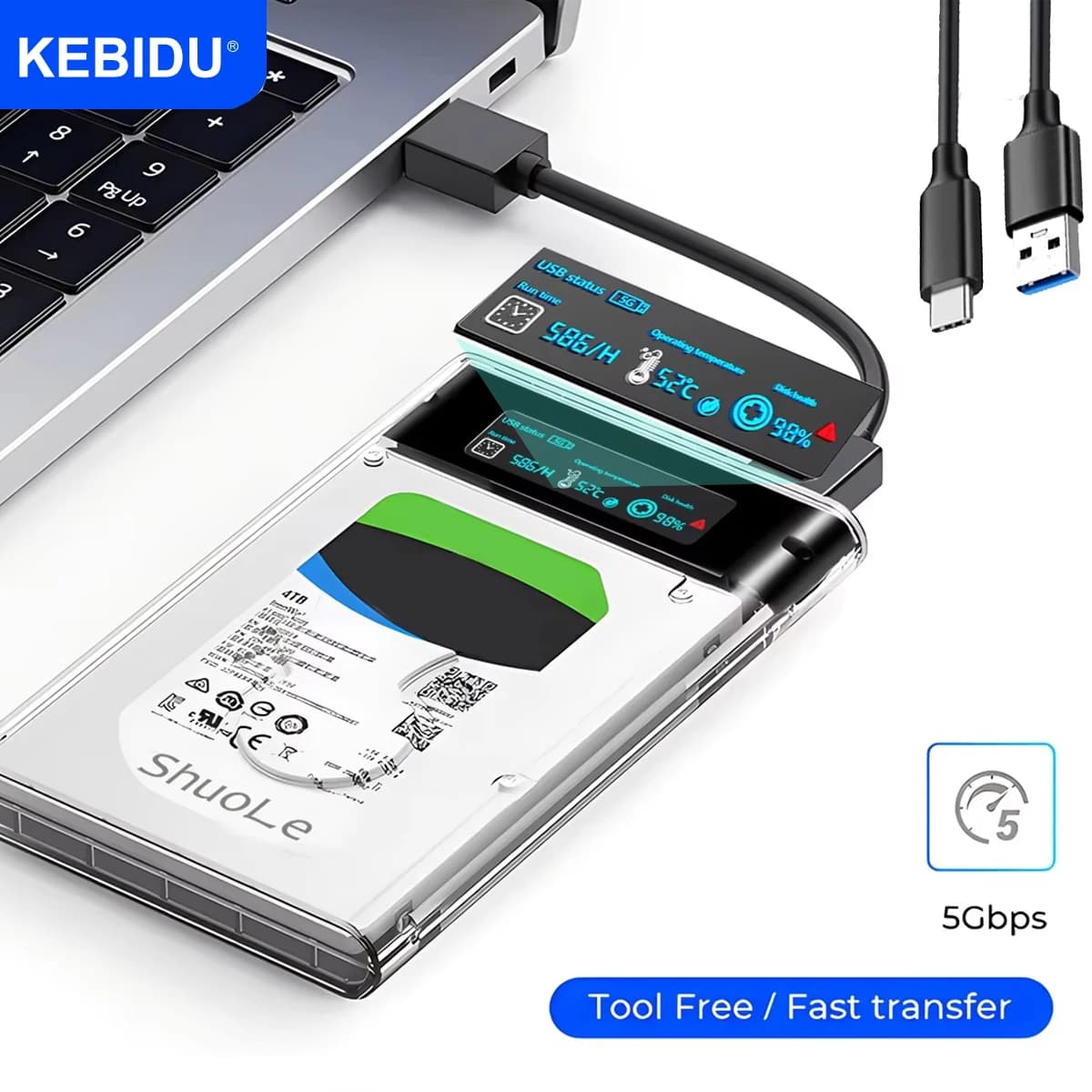 Custodia per HDD SSD da 2,5 '' Custodia per HDD trasparente con schermo SATA a USB 3.0 Custodia per disco rigido Supporto esterno senza attrezzi da 6 TB