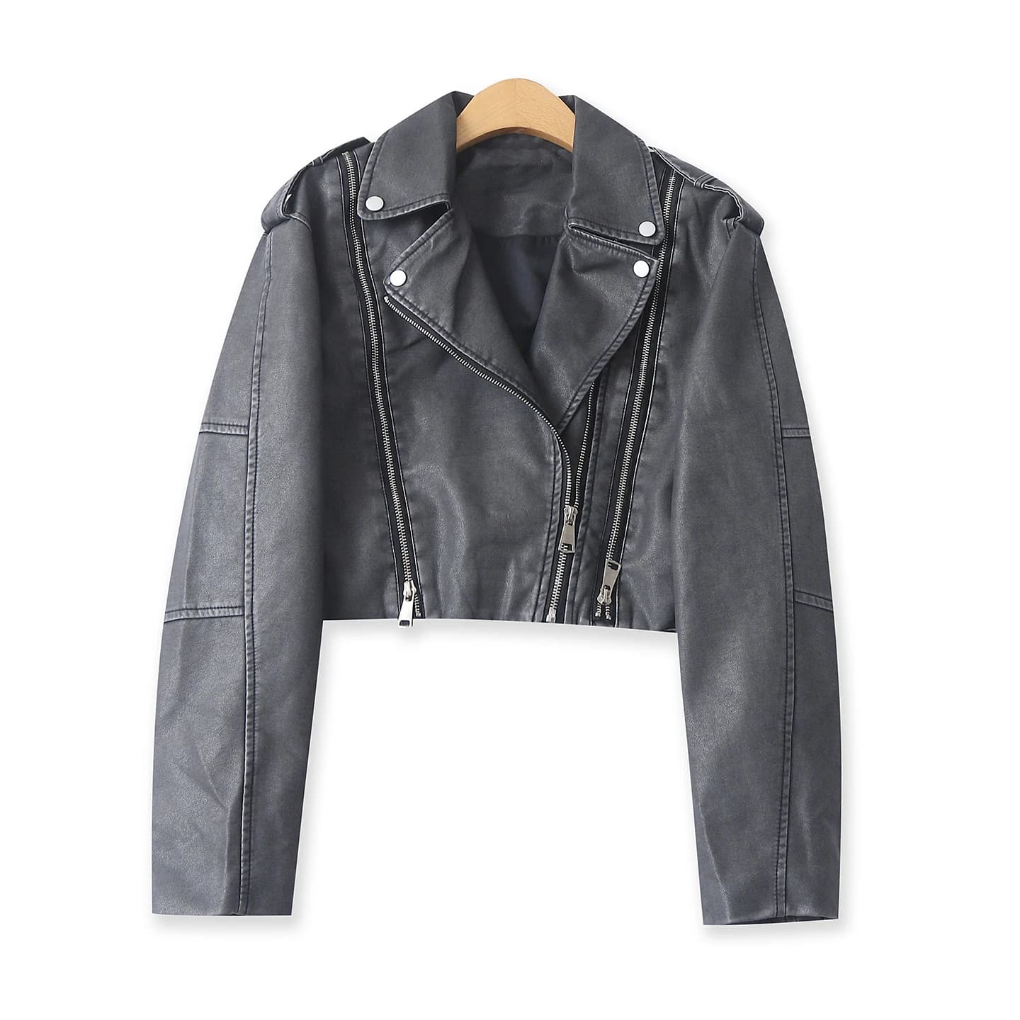 Fashionable Loose PU Leather Biker Jacket Women's Spring Autumn New Style Zipper Long Sleeve Shirt Turn-down Collar 33913